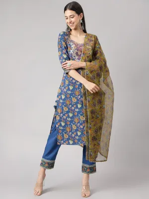 Blue Floral Printed Kurta Pant Set With Dupatta