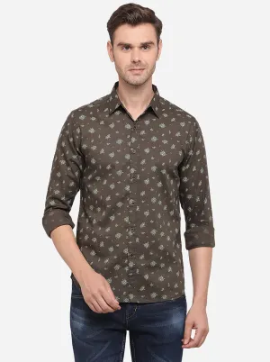 Olive Brown Printed Slim Fit Casual Shirt | Greenfibre