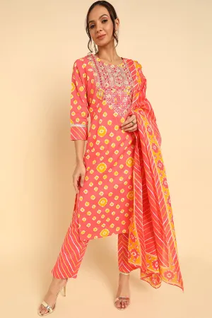 Orange Poly Silk Straight Kurta Pant With Dupatta Set